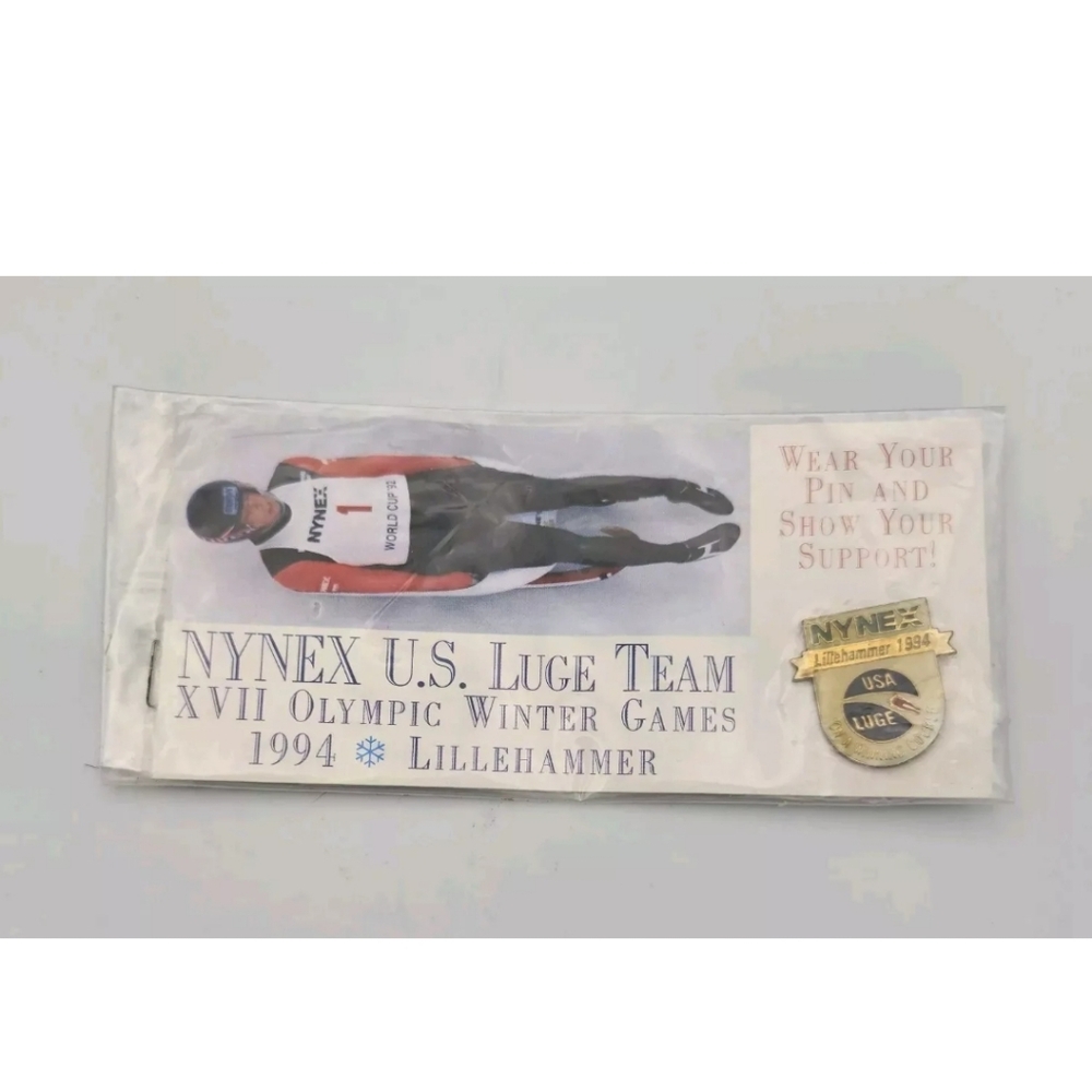1994 Lillehammer Olympics NYNEX US Luge Team Pin Info Card NIP Olympic Collector